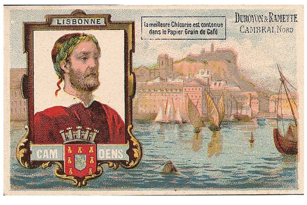 Poet Luís de Camões: French trading card, offered as a gift in the purchase of chocolate powder, c. 1900.