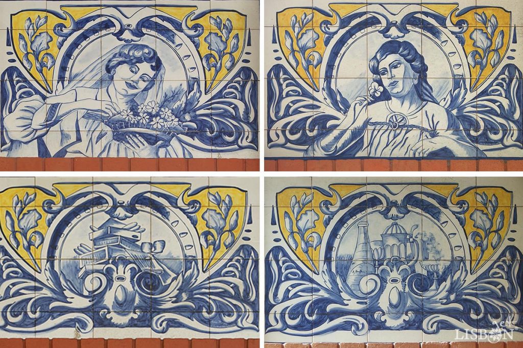 Painéis de azulejos do quiosque WC do jardim do Poço do Bispo