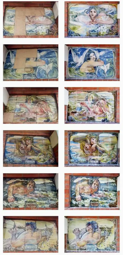 The six panels of the WC kiosk of Cais do Sodré before and after restoration