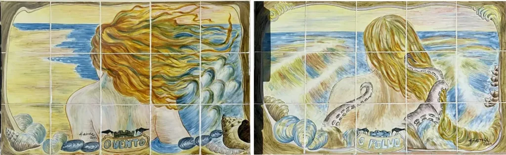 The two new panels of the WC kiosk of Cais do Sodré by the ceramist Helena Castela, The Wind and The Octopus