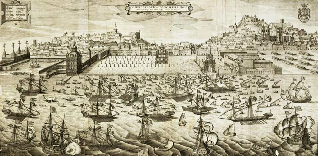 Desembarque de Filipe II de Portugal em Lisboa em 1619. Juan Bautista Lavanha, Gravura de 1622