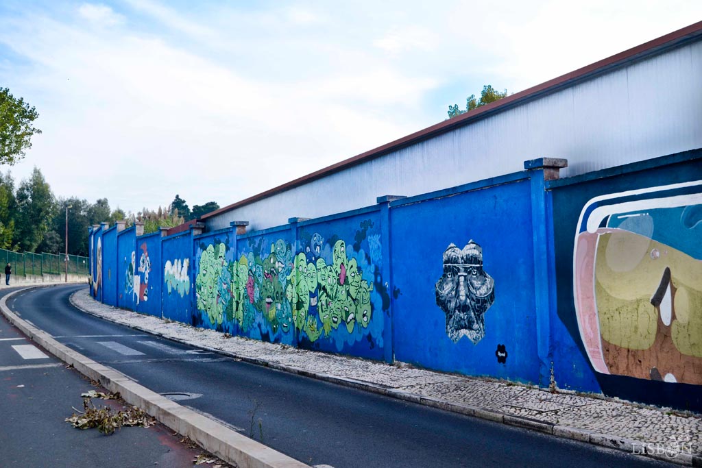 A arte urbana Rostos do Muro Azul é um peculiar projecto de obras artísticas com um único tema, executado sobre tela azul celeste e espalhado ao longo de 1 Km de extensão.