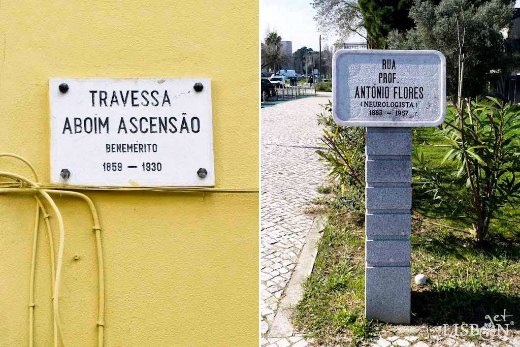 Dois tipos de placas de cantaria, ambas de lioz com letras gravadas, pintadas a preto. A diferença entre elas é essencialmente na forma e no modo de aplicação: uma é fixada na parede com pregos metálicos e a outra é assente sobre um pilar.