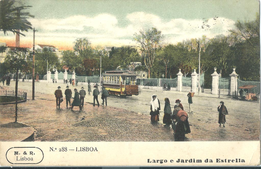 Postcard showing a tram in front of Estrela Garden