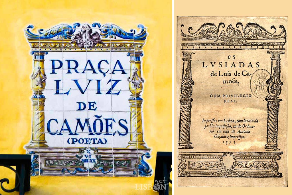  Toponymic plaque of Luís de Camões Square. This panel reproduces a colour version of the illustration from the first edition of Os Lusíadas, edited in 1572. This is a renaissance drawing composed of architectural elements with plant-inspired decoration that surround the text.