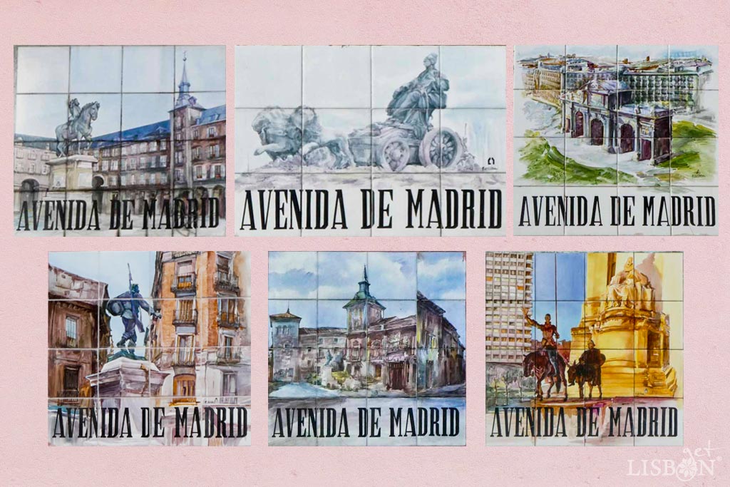 Toponymic plaque of Madrid Avenue. Throughout this entire avenue we can find six tiled toponymic plaques with different paintings allusive to Madrid and signed by R. Del Olmo.