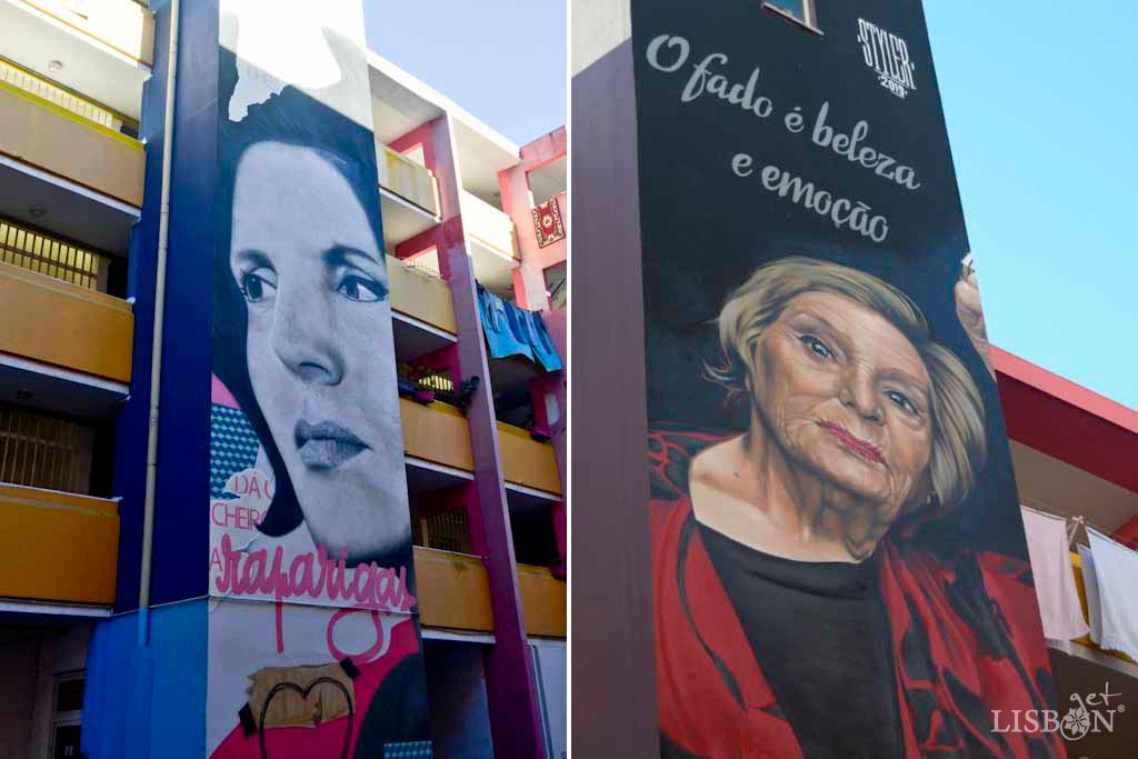 Retratos de Amália Rodrigues, da autoria de SMILE e da sua irmã mais nova Celeste Rodrigues, de Styler; Quinta da Cabrinha em Alcântara