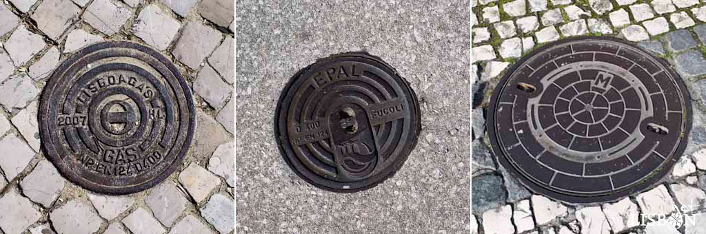 Different types of manhole covers of Lisbon. Each of the systems has their own covers where the respective services are usually identified.