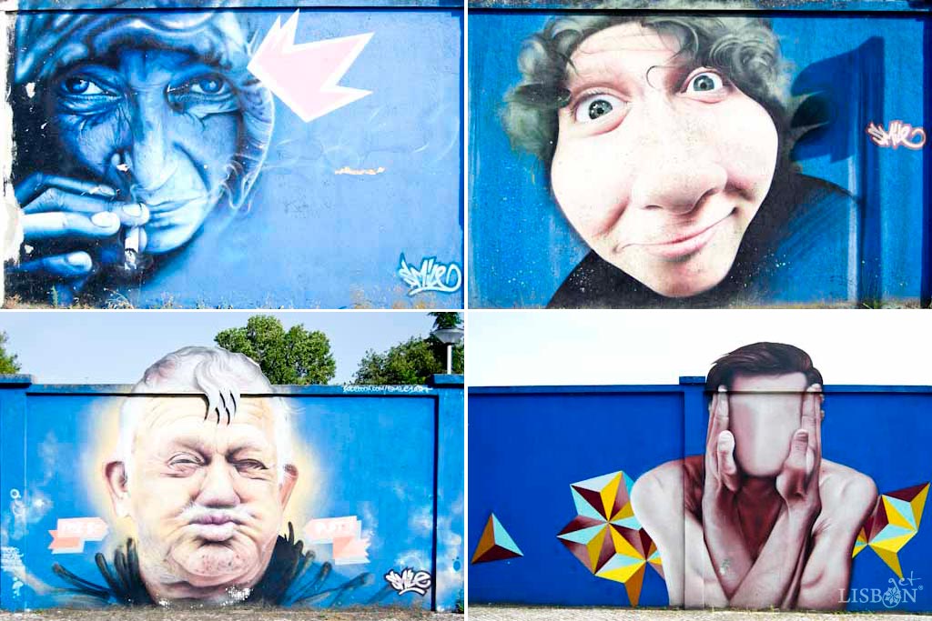 Four artworks by SMILE in Faces in the Blue Wall, in Rua das Murtas, Lisbon