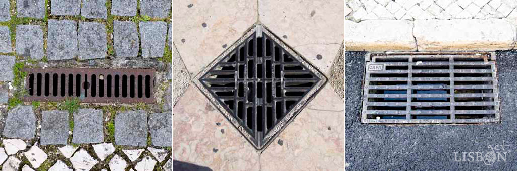 Drains that are usually on the side of the roads, next to the sidewalks, where the water drains on rainy days.