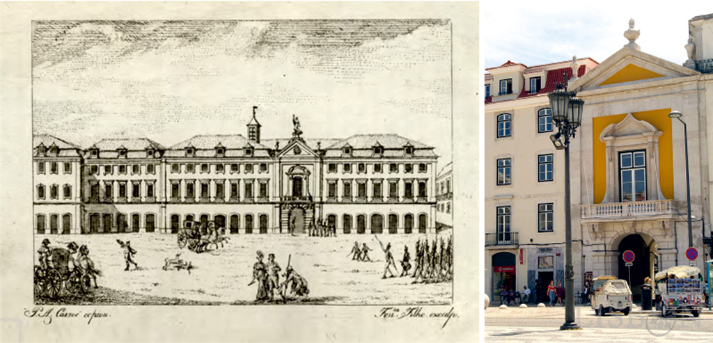 Inquisition Palace (1816) in Jornal de Bellas Artes, ou Mnemosine Lusitana - Gabinete de Estudos Olisiponenses (GEO), Col. Vieira da Silva; Arco do Bandeira (2021)