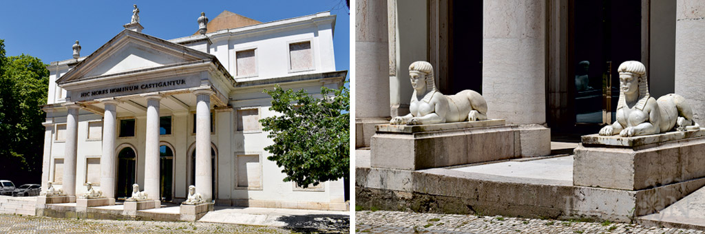 No Teatro Thalia encontramos quatro esfinges alinhadas que ladeiam os acessos às três portas de entrada.