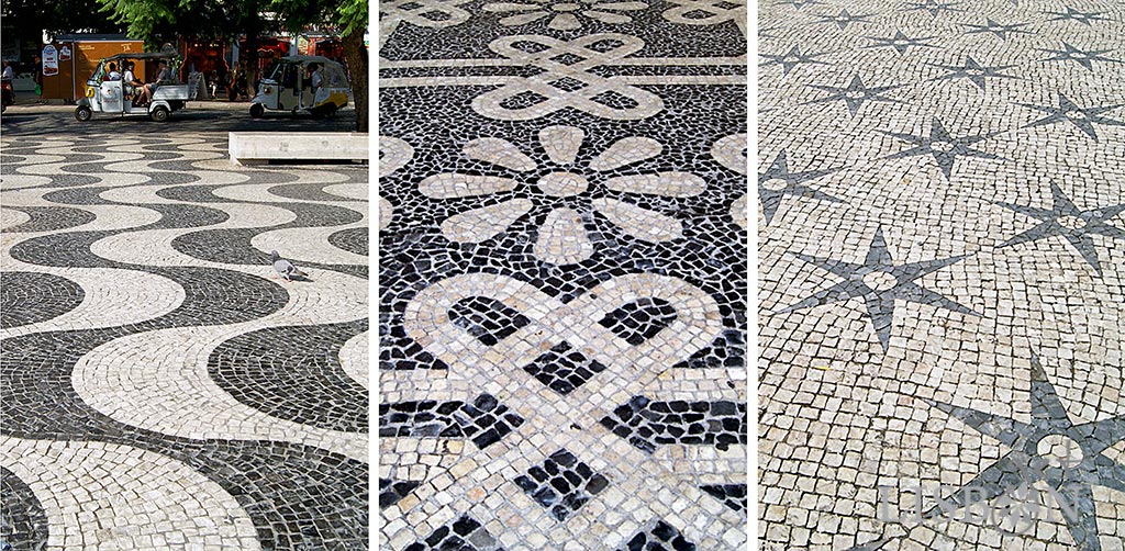 Details of Portuguese pavements: Rossio, Duque da Terceira Square and churchyard of the Santo Amaro Chapel