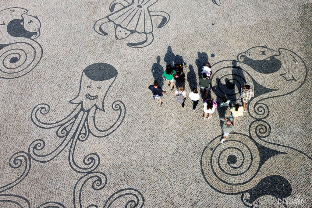 A range of animals and fantastic creatures in the Portuguese pavement next to the Lisbon Aquarium.