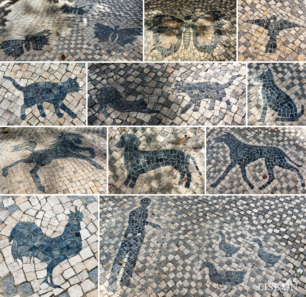 Animals, such as: butterflies, birds, cats, dogs, horses, ducks, roosters… in Portuguese pavement