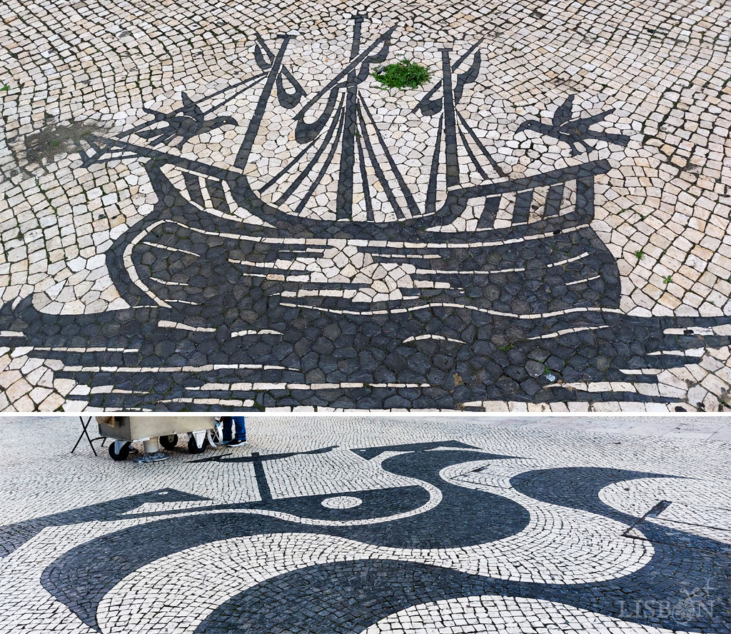 Symbols of the city of Lisbon in Portuguese pavement where you can see a pair of crows facing and perched, respectively, on the stern and bow of the boat.