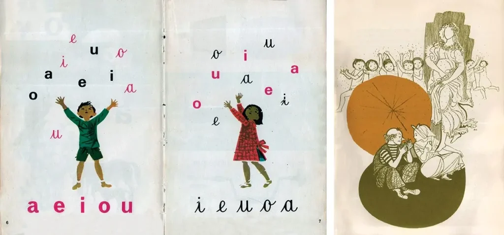 Interior pages of the 1st grade reading book, from 1967, and illustration from the book The Golden Cat, by Matilde Rosa Araújo, from 1977.