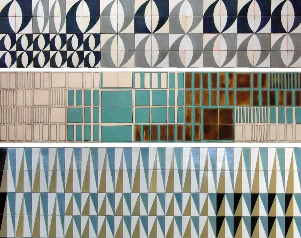 Details of the geometric abstract patterns at Picoas, Intendente, and Parque stations.