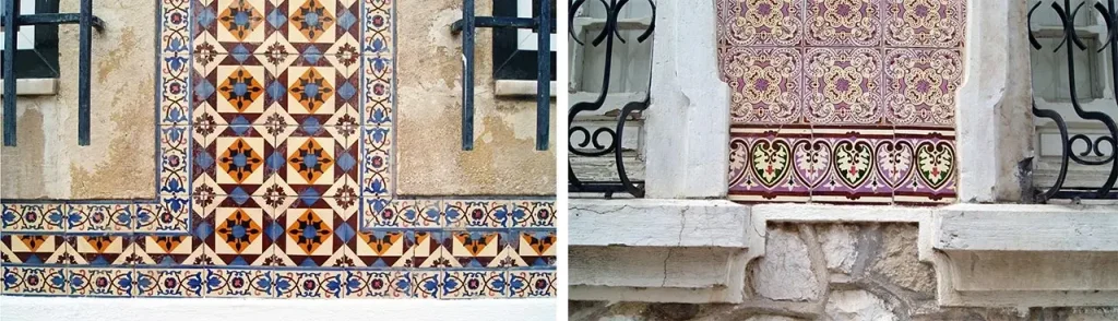 Façade tiles in Lisbon: note the friezes that frame the openings, enhancing and accentuating the rhythms established by the architecture. Legenda: Examples of façade tiles in Lisbon