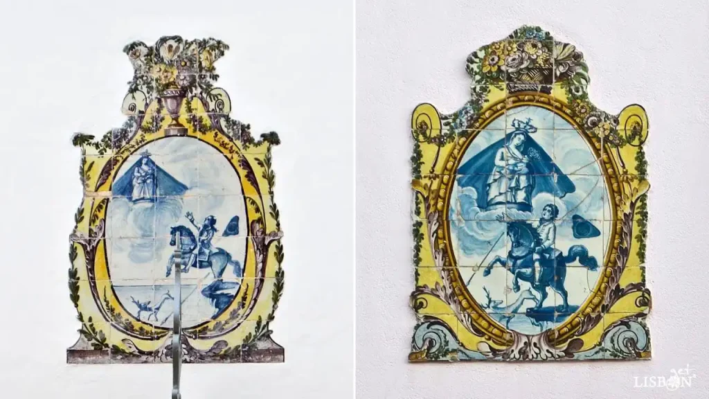 Tile panels, Rua Direita, 44, in Paço do Lumiar, and Rua de Campo de Ourique, 161. Both depict the scene in blue and white, with a polychrome frame of floral and plant motifs in a Rococo style, although probably produced at a later date.