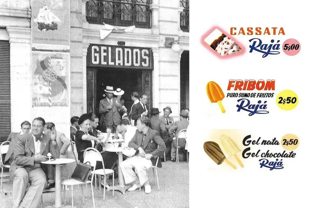 Gelataria A Veneziana em 1941 e cartaz dos Gelados Rajá de 1955