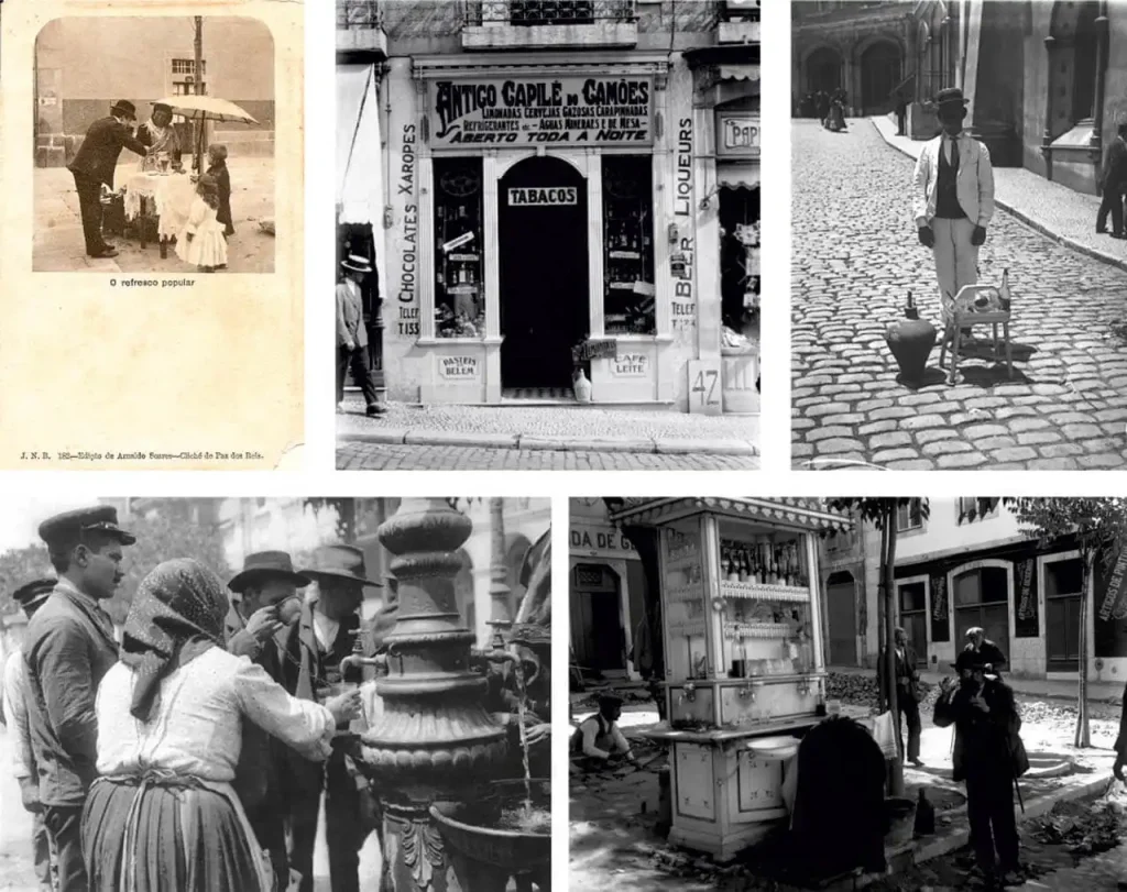 Street vendors, shops, fountains and kiosks in old Lisbon
