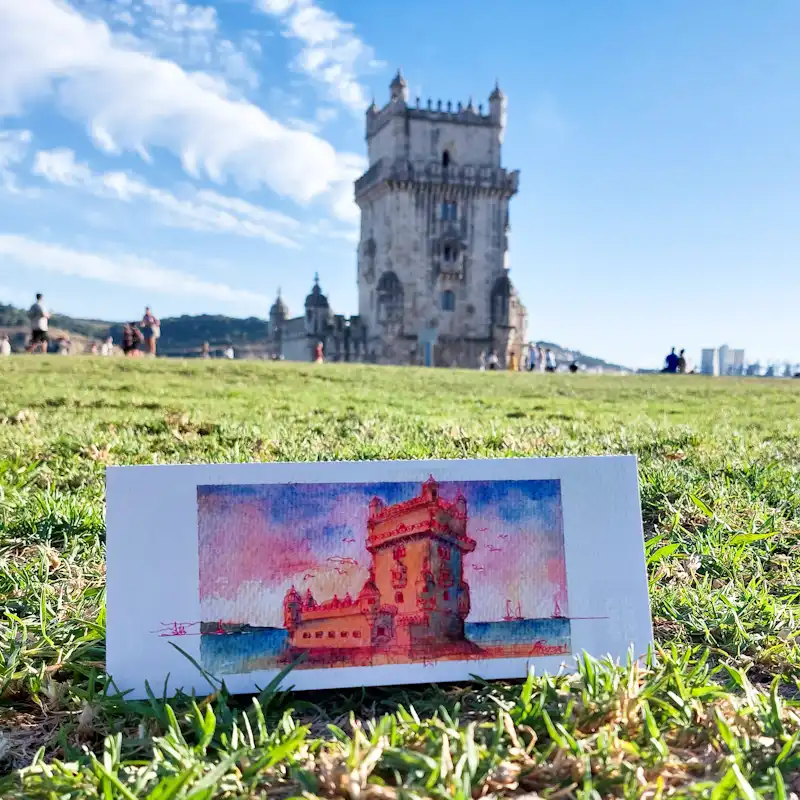 Book of bookmarks LISBOA MARCA, a journey through Lisbon told across 18 detachable bookmarks featuring beautiful illustrations by five urban sketchers.