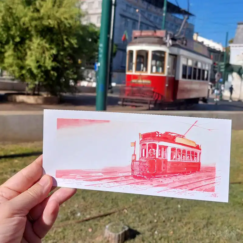 Book of bookmarks LISBOA MARCA, a journey through Lisbon told across 18 detachable bookmarks featuring beautiful illustrations by five urban sketchers.